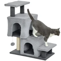 PawHut 4-Step Pet Stairs, Adjustable Height Cat Stairs with Scratching Posts Cat Condo, Hanging Ball for High Bed, Grey(m-11)