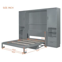 Modern Queen Size Murphy Bed with Closet, Drawers and Shelves, Space-saving Wall Bed with Integrated Storage, 114" L x 17" W x 87" H, Grey(m-4)