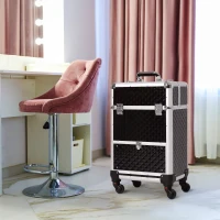 HOMCOM Portable Aluminum Makeup Train Cases, Rolling Makeup Case, Salon Beauty Cosmetic Jewelry Organizer Trolley with 4 Wheels, Black(m-8)