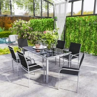 Outsunny 7 Piece Outdoor Patio Dining Set with Table and 6 Stackable Chairs, Steel Frame, Tempered Glass Top, Mesh Seats, Black(m-9)
