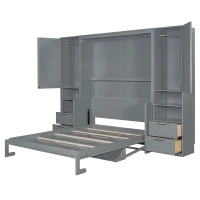 Modern Queen Size Murphy Bed with Closet, Drawers and Shelves, Space-saving Wall Bed with Integrated Storage, 114" L x 17" W x 87" H, Grey(m-7)