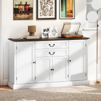 HOMCOM Farmhouse Sideboard with Charging Station and Thickened Top, 58" Buffet Cabinet with 2 Soft-Close Drawers, White(m-8)