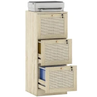 HOMCOM 3 Drawer Filing Cabinet with Lock, Boho File Cabinet for A4 Letter Size Files with Decorative Rattan Accents, Oak(m-11)