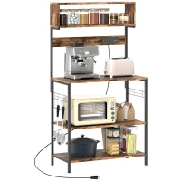 HOMCOM Baker's Rack with Charing Station, Microwave Shelf with Power Outlet, USB Charger and 5 Hooks, Rustic Brown(m-11)
