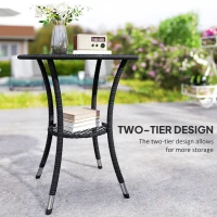 Outsunny Outdoor Rattan Dining Table, Patio Wicker Round Coffee Table with 2-Tier Storage Shelf, Black(m-5)