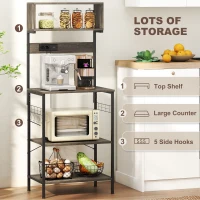 HOMCOM Baker's Rack with Charing Station, Microwave Shelf with Power Outlet, USB Charger and 5 Hooks, Distressed Grey(m-6)