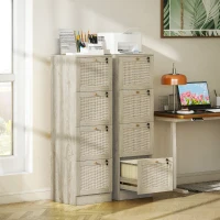 HOMCOM 4 Drawer Filing Cabinet with Lock, Boho File Cabinet for A4 Letter Size Files with Decorative Rattan Accents, Oak(m-10)