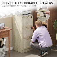 HOMCOM 3 Drawer Filing Cabinet with Lock, Boho File Cabinet for A4 Letter Size Files with Decorative Rattan Accents, Oak(m-6)