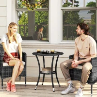 Outsunny Outdoor Rattan Dining Table, Patio Wicker Round Coffee Table with 2-Tier Storage Shelf, Black(m-8)