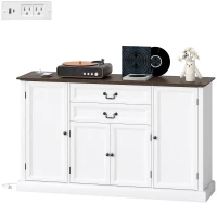 HOMCOM Farmhouse Sideboard with Charging Station and Thickened Top, 58" Buffet Cabinet with 2 Soft-Close Drawers, White(m-2)
