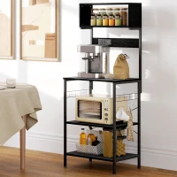 HOMCOM Baker's Rack with Charing Station, Microwave Shelf with Power Outlet, USB Charger and 5 Hooks, Black(m-10)