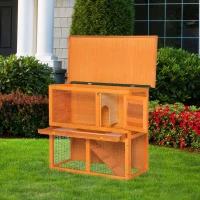 PawHut Wooden Rabbit Hutch, Indoor Outdoor Bunny Cage with Run, 2- Level Guinea Pig House with Slide-Out Tray, Waterproof Roof, Yellow(m-8)