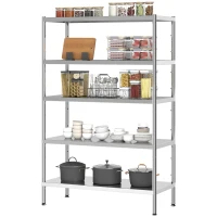 HOMCOM Bakers Rack, 5-Tier Stainless Steel Kitchen Storage Shelf with Adjustable Heights for Spices, Pots and Pans, Silver(m-2)