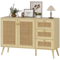 HOMCOM 47" Buffet Cabinet with Soft-Close Doors, Rattan Sideboard with Drawers, Adjustable Shelf and Wooden Legs, Natural(m-2)