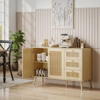 HOMCOM 47" Buffet Cabinet with Soft-Close Doors, Rattan Sideboard with Drawers, Adjustable Shelf and Wooden Legs, Natural(m-10)