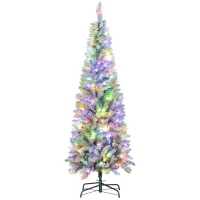 HOMCOM 6ft Flocked Christmas Tree with Dual Colour LED Light, Pencil Hinged Xmas Tree with 11 Light Modes, Easy Assembly(m-11)