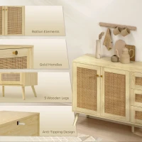 HOMCOM 47" Buffet Cabinet with Soft-Close Doors, Rattan Sideboard with Drawers, Adjustable Shelf and Wooden Legs, Natural(m-7)