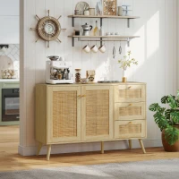 HOMCOM 47" Buffet Cabinet with Soft-Close Doors, Rattan Sideboard with Drawers, Adjustable Shelf and Wooden Legs, Natural(m-8)