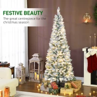 HOMCOM 6ft Flocked Christmas Tree with Dual Colour LED Light, Pencil Hinged Xmas Tree with 11 Light Modes, Easy Assembly(m-4)