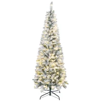 HOMCOM 6ft Flocked Christmas Tree with Dual Colour LED Light, Pencil Hinged Xmas Tree with 11 Light Modes, Easy Assembly(m-2)