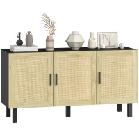 HOMCOM Boho Kitchen Cabinet, Buffet Cabinet with 3 Rattan Doors and Adjustable Shelves for Dining Room, Black and Natural(m-11)