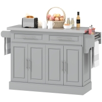 HOMCOM Rolling Kitchen Island Cart with Wheels, Portable Island Table for Kitchen with Stainless Steel Top, Adjustable Shelves, 2 Drawers, Spice, Knife and Towel Rack, Gray