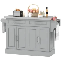 HOMCOM Rolling Kitchen Island Cart with Wheels, Portable Island Table for Kitchen with Stainless Steel Top, Adjustable Shelves, 2 Drawers, Spice, Knife and Towel Rack, Gray(m-1)