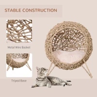 PawHut 20.5" Weaved Cat Bed, Elevated Hand-woven Braided Banana Leaf Kitten House Condo with Cushion, Beige(m-5)