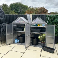 Outsunny 32" x 19" x 54" Garden Wood Cold Frame Greenhouse Flower Planter with Adjustable Shelves, Double Doors, Grey(m-8)