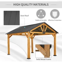 Outsunny 11' x 13' Wooden Gazebo Canopy Outdoor Sun Shade Shelter w/ Steel Roof, Solid Wood, Black & Natural(m-4)