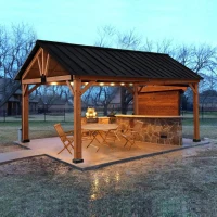 Outsunny 11' x 13' Wooden Gazebo Canopy Outdoor Sun Shade Shelter w/ Steel Roof, Solid Wood, Black & Natural(m-1)