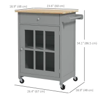 HOMCOM Rolling Kitchen Cart with Drawer and Glass Door Cabinet, Kitchen Island on Wheels with Towel Rack, Grey(m-3)