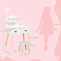 Qaba Kids Vanity Set with Mirror and Stool, Makeup Dressing Table with Drawers for Children Aged 3-6 Years, White(m-3)