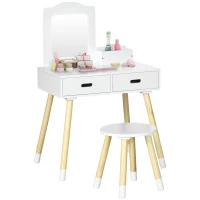 Qaba Kids Vanity Set with Mirror and Stool, Makeup Dressing Table with Drawers for Children Aged 3-6 Years, White(m-11)