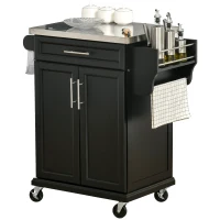 HOMCOM Kitchen Island on Wheels, Rolling Kitchen Cart with Stainless Steel Countertop, Drawer, Towel Rack and Spice Rack, Utility Storage Trolley, Black(m-1)