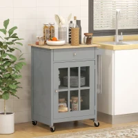 HOMCOM Rolling Kitchen Cart with Drawer and Glass Door Cabinet, Kitchen Island on Wheels with Towel Rack, Grey(m-1)