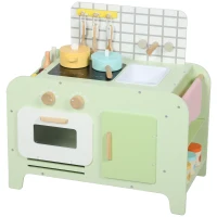 Qaba Kids Kitchen Playset with 15 Accessories, Microwave Oven, Cabinets, for Boys and Girls Ages 3+, Green(m-11)