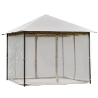 Outsunny 10' x 10' Gazebo Tent Shelter Art Steel Frame Flame-Retardant Fabric with Mosquito Netting for Party Dinner Beige(m-11)