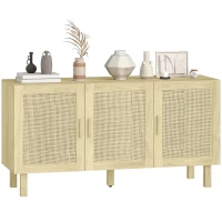 HOMCOM Boho Kitchen Cabinet, Buffet Cabinet with 3 Rattan Doors and Adjustable Shelves for Dining Room, Natural(m-11)