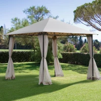 Outsunny 10' x 10' Gazebo Tent Shelter Art Steel Frame Flame-Retardant Fabric with Mosquito Netting for Party Dinner Beige(m-1)