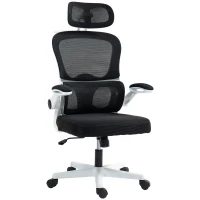 HOMCOM Mesh Office Chair, Ergonomic Desk Chair with Flip-up Armrest, Rotatable Headrest, Adjustable Lumbar Support, Black(m-12)