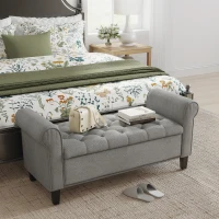 HOMCOM 50 Inches Storage Ottoman, End of Bed Bench with Rolled Arms, Wood Legs, Button Tufted Storage Bench, Gray(m-10)