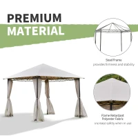 Outsunny 10' x 10' Gazebo Tent Shelter Art Steel Frame Flame-Retardant Fabric with Mosquito Netting for Party Dinner Beige(m-4)