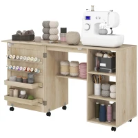 HOMCOM Sewing Machine Table with Drop Leaf, Folding Craft Table Rattan Door and Storage Shelves for Small Spaces, Natural(m-2)