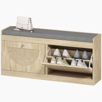 HOMCOM Shoe Bench with Flip Doors, Seat Cushion, Adjustable Shelves for 8 Pairs, Boho Entryway Bench for Bedroom, Natural Wood(m-2)