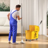 HOMCOM Mop Bucket with Wringer on Wheels for Floor Cleaning, 21 Quart Side Press Wringer with Handle and Mop, Yellow(m-8)