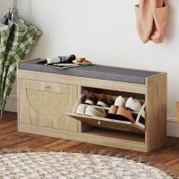 HOMCOM Shoe Bench with Flip Doors, Seat Cushion, Adjustable Shelves for 8 Pairs, Boho Entryway Bench for Bedroom, Natural Wood(m-1)