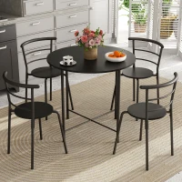 HOMCOM 5 Piece Dining Table Set, Space Saving Round Dining Set for 4 with Metal Frame for Small Spaces, Black Wood Grain(m-10)