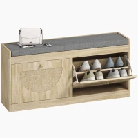 HOMCOM Shoe Bench with Flip Doors, Seat Cushion, Adjustable Shelves for 8 Pairs, Boho Entryway Bench for Bedroom, Natural Wood(m-11)