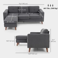 HOMCOM Sectional Sofa with Changeable Chaise Lounge, 3 Seat L-Shaped Sofa, Upholstered Couch for Small Space, Dark Grey(m-3)